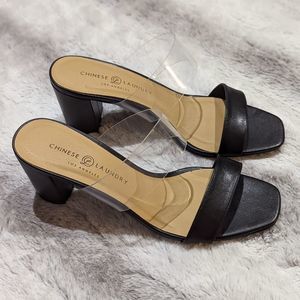 Women's Leather Chinese Laundry Black Strap Block Heels size 10
